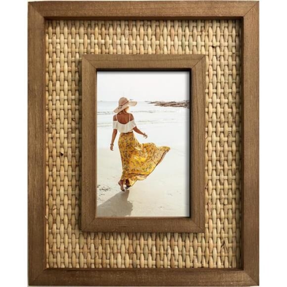 Rattan and Wood Picture Frame for 4x6 Inch Photo or Artwork - Boho, Coastal - Picture 1 of 7